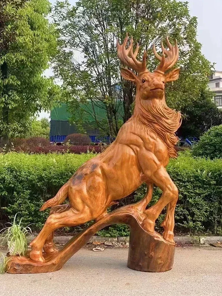 Ornaments, camphor wood root carving, living room office decorations, solid wood carving, sika deer handicrafts gifts