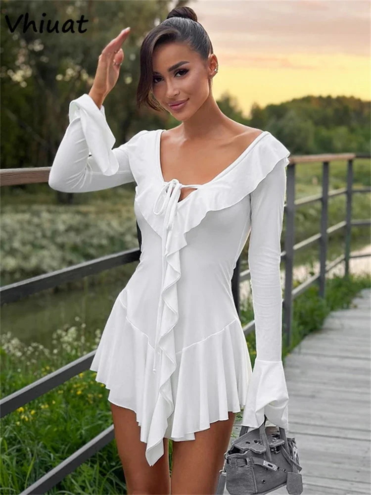 Vhiuat White Ruffles Long Flare Sleeve V Neck Slim Mini Dresses For Women 2024 Autumn Fashion Elegant Sexy Short Party Dress