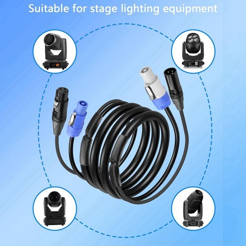 6.6 FT DMX512 Extension Cable, AC Power DMX512 3Pin XLR Signal Combo Cables for Stage Lighting, Concerts, Events-ABFB