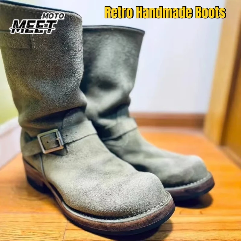 Retro Handmade Aged Engineer Boots Men's Chunky Leather Surface Fawn Boots Round Toe Low Heel Winter Wear Resistant Botas Mujer