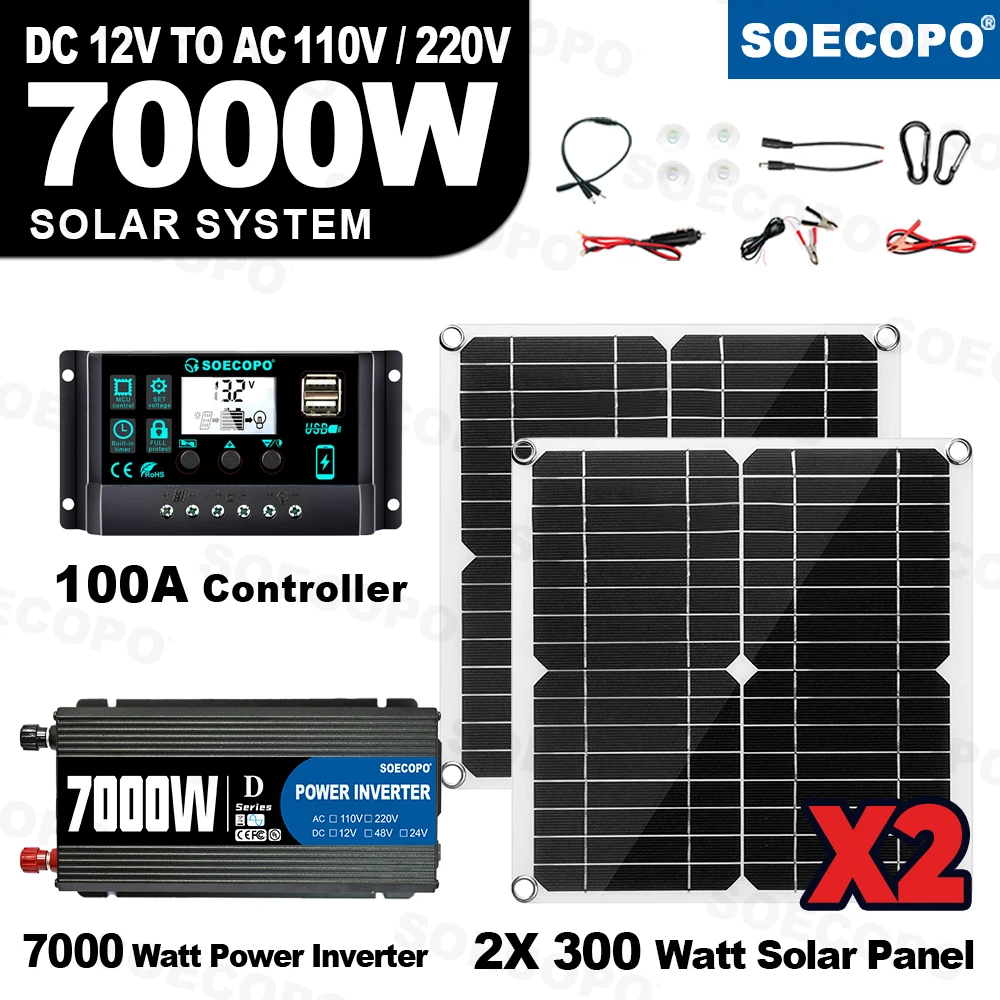 7000W Portable Solar Power Kit High-Efficiency 2pcs Panel + 100A Controller + 12V to 110V/220V Inverter Ideal for RV Camping