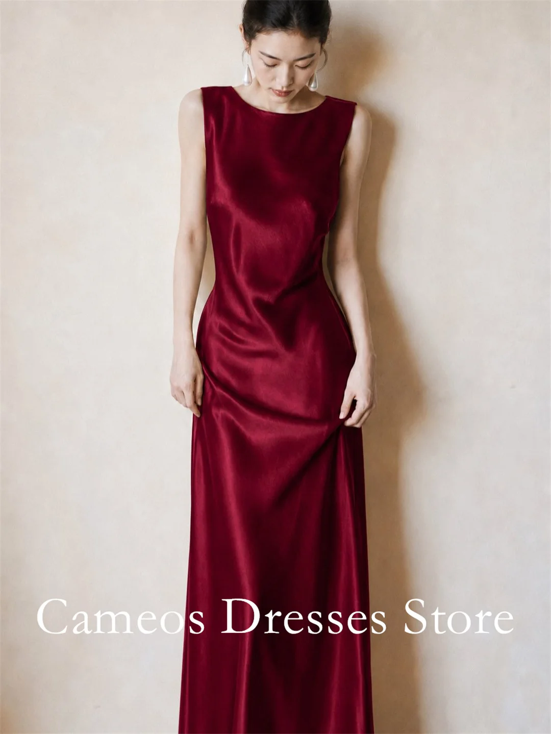 Burgundy Sleeveless Boat Neck Satin Maxi Dress Elegant Draped Slim Fit Long Formal Gown Wedding Reception Toast Dress