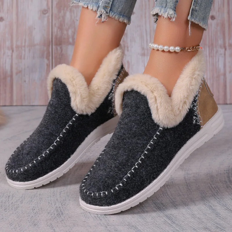 Women's Cozy Thermal-Lined Slip-On Flat Contrast Furry Trim Black Ankle Boots, Winter