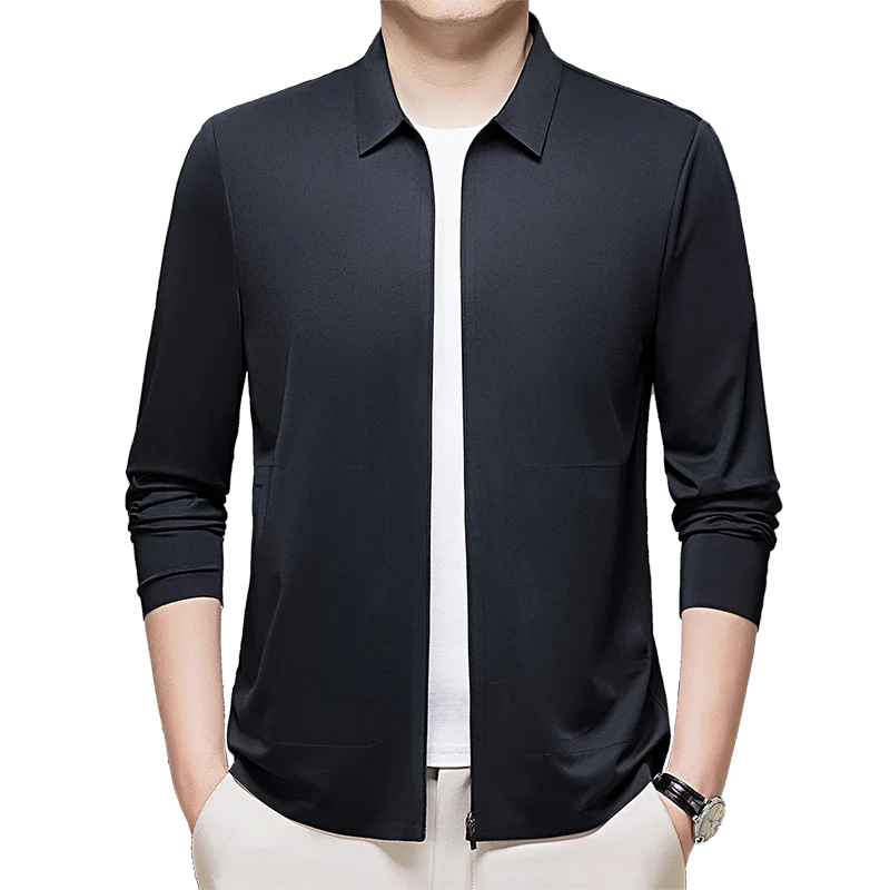 

Sun Protection Jacket Mens Ice Silk Seamless Cool Breathable Thin Air Conditioning Shirt Summer Lapel Solid Color Mens Jacket