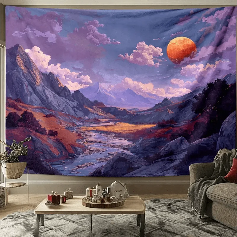 Large Mountain River Tapestry Purple Sunset Landscape Print Microfiber Wall Hanging with Vibrant Colors for Living Room Decor