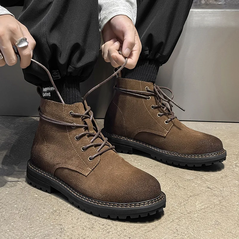 

High Quality Men's Retro British Suede Leather Ankle Boots Lace Up Non-slip Thick Sole Casual Work Boots for Men Outdoor Footwea