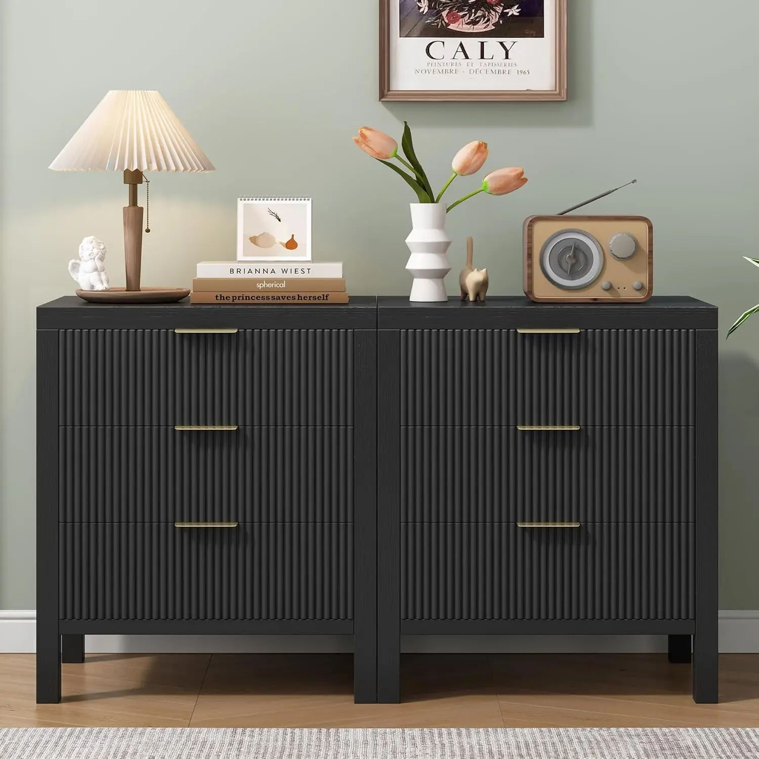 مجموعة من طاولتين مع 6 أدراج، وخزانة غرفة نوم سوداء لغرفة الأطفال أو المدخل