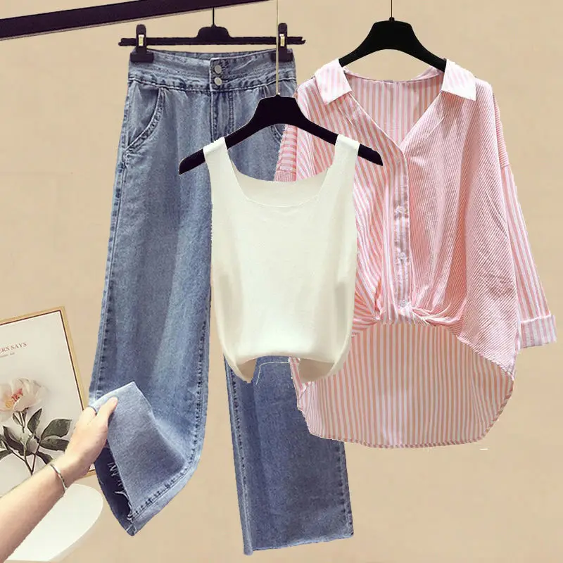 Imagem -05 - Roupas Femininas Idade Redução Conjunto para a Primavera Verão 2023 Nova Chegada Camisa Cabolsa com Regata Perna Larga Jeans Três Peças Conjuntos