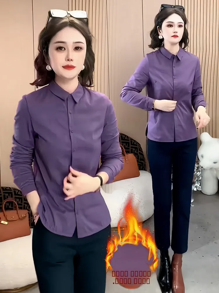 

Утепленная женская рубашка для повседневной носки в корейском стиле, приталенная, с длинным рукавом, воротником и пуговицами, однотонная, на каждый день