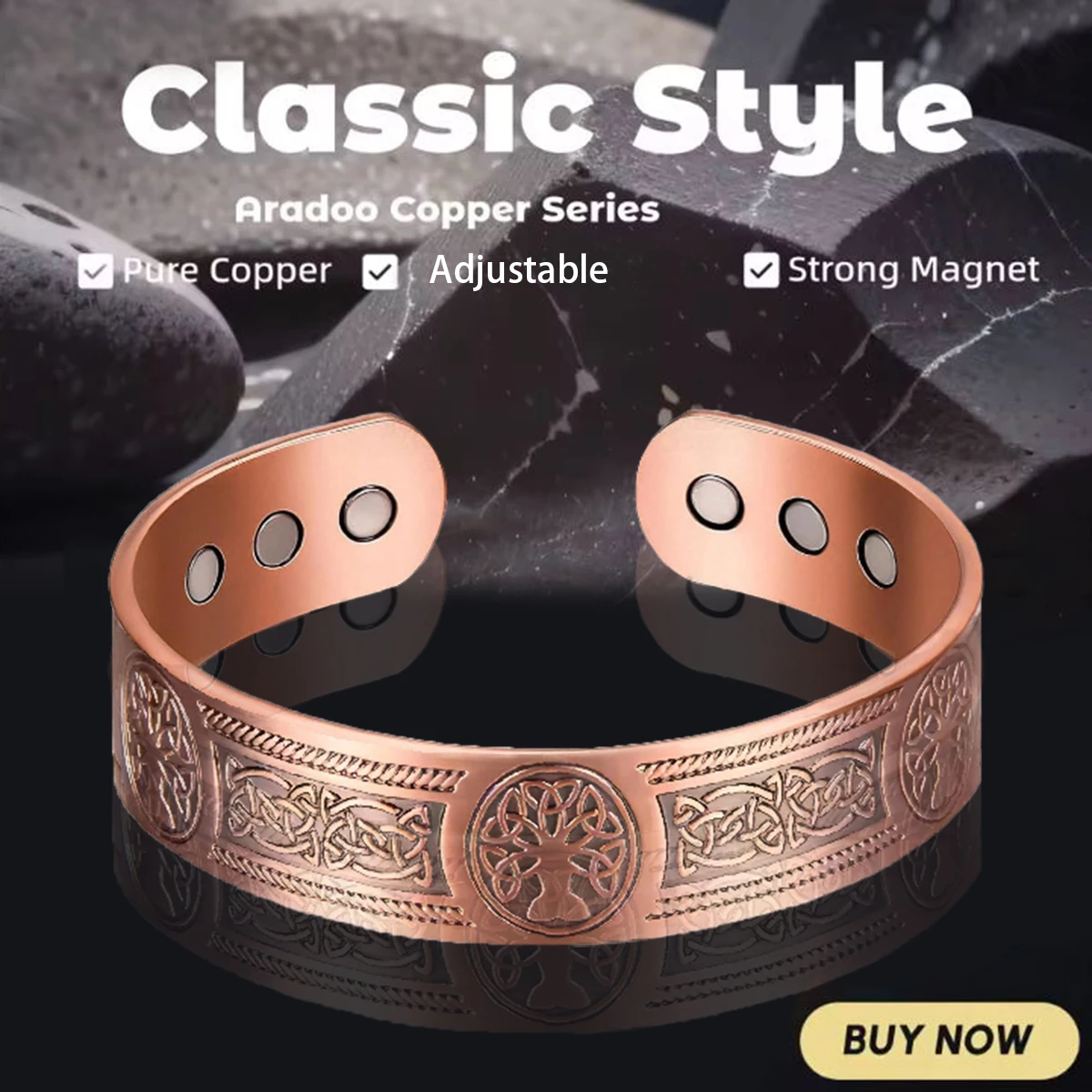 Hot Selling Magnet Retro Bracelet With Life Tree Pattern Arrangement, Magnetic Men's Antique Copper Bracelet，Best Holiday Jewelr