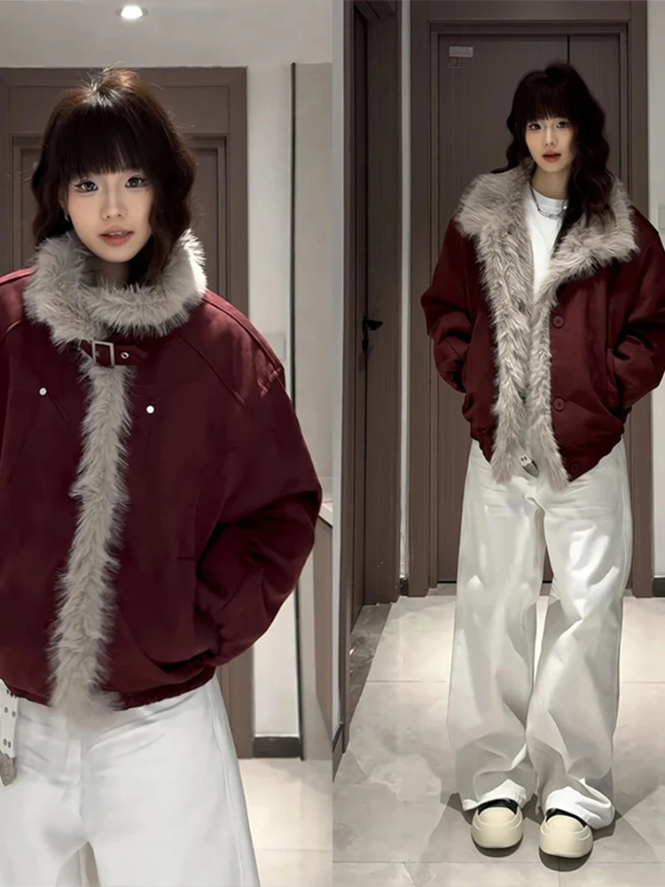 

Куртка из американской замши красно-коричневого цвета, теплая, унисекс, зимняя, хлопковая, молодежная, модная, повседневная, с длинными рукавами, на молнии