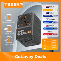 TESSAN 65W GaN International Plug Travel Adapter with USB Type C Worldwide Universal Power Adapter EU/UK/USA/AUS Plug for Travel