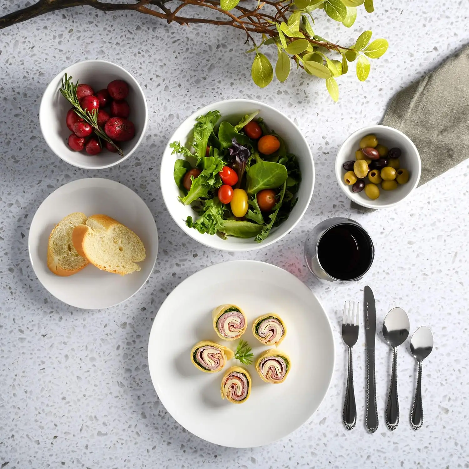 All U Need 60 قطعة من الأطباق والأوعية والأواني الزجاجية والشوك والملاعق والسكاكين (خدمة لـ 6) مجموعة أواني الطعام