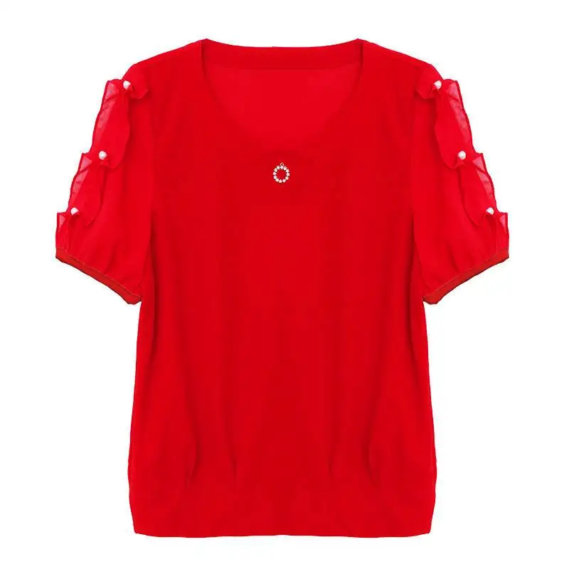 Office Lady Chiffon Solid Color Blouse Summer New Short Sleeve O-neck All-match Red Shirt Tops Elegant Fashion Women Clothing