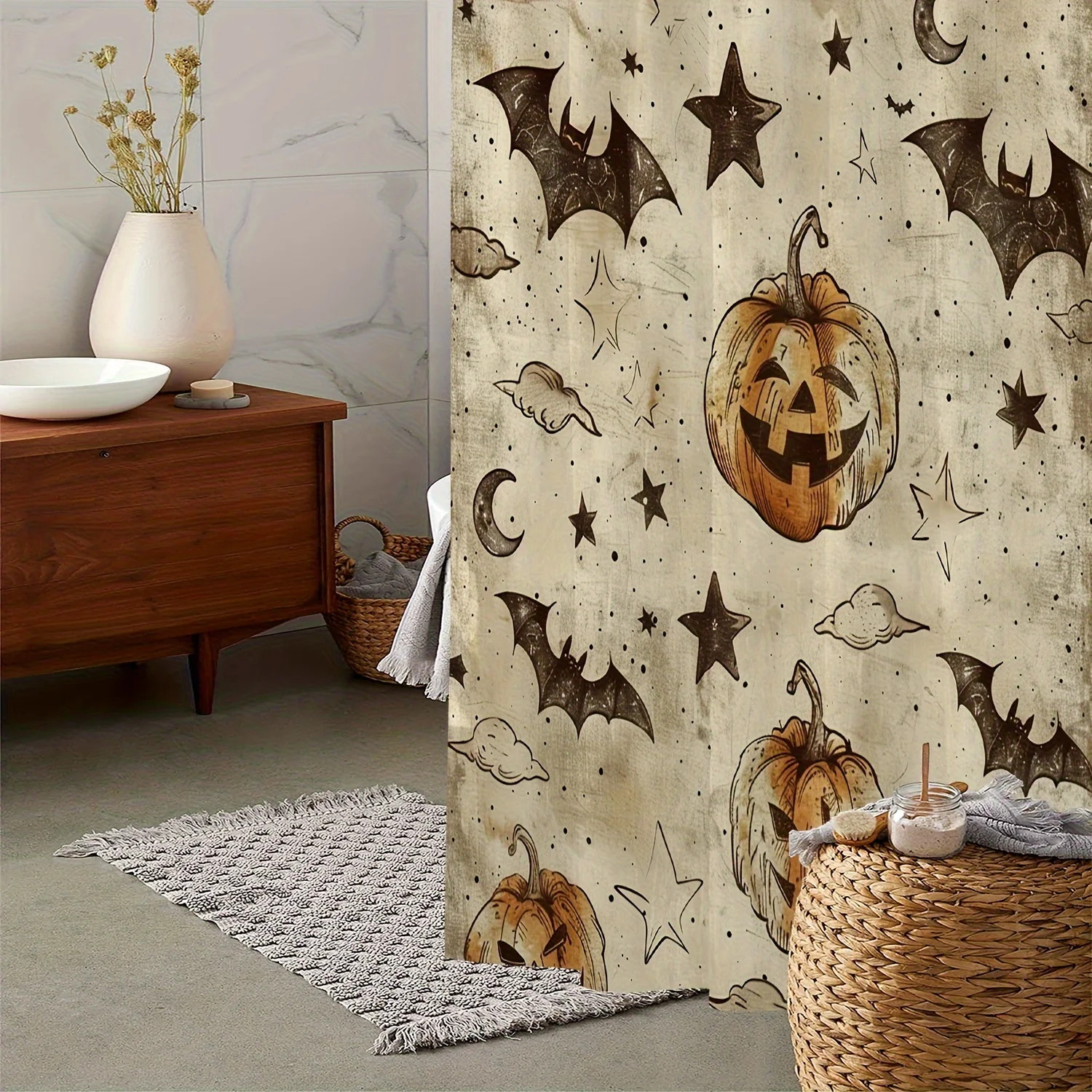 

Одна занавеска для душа с тыквой и звездами летучей мыши, банное полотенце с принтом Хэллоуина