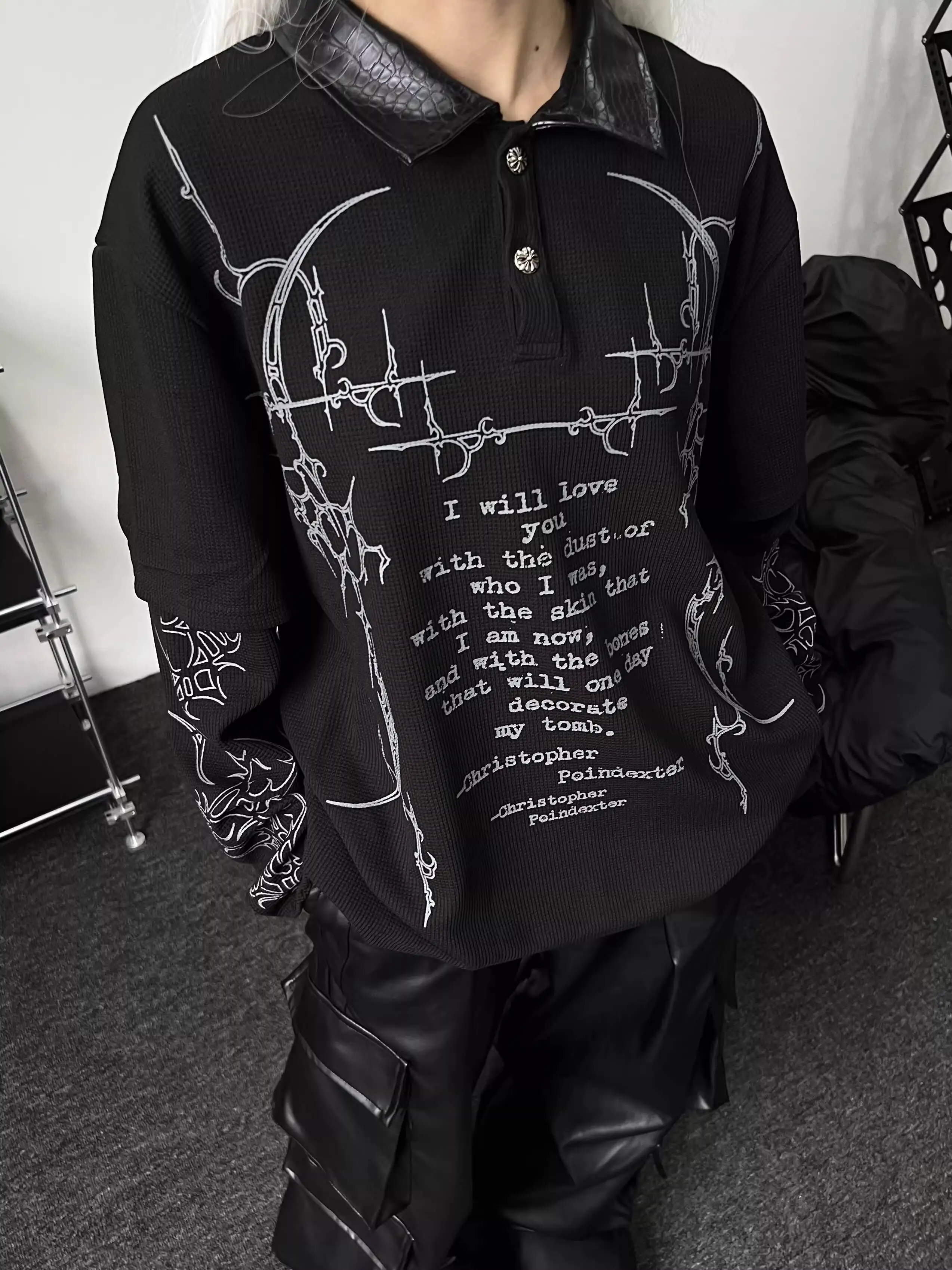 

Unisex Long Sleeve T Shirt 2026 Spring Dark Street Gothic Print Fake Two Piece Unique Waffle Knit Punk Tshirts Top