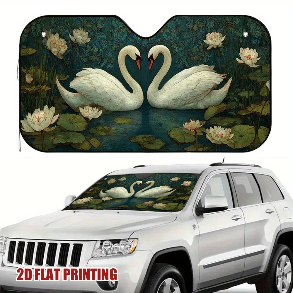 1pc Vintage Swans & Floral Pond Car Sun Shade - Heart-Shaped Design, Elegant Artistic Pattern, Mixed Colors, Hand Wash Only, Add
