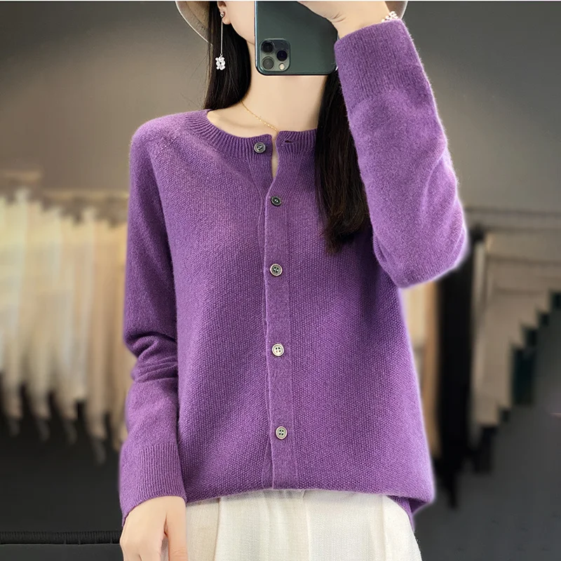 Spring Autumn Hot Clothing Recommended 100% Pure Wool Cardigan Women's Round Neck Osmanthus Needle Knitting Sweater Loose Simple