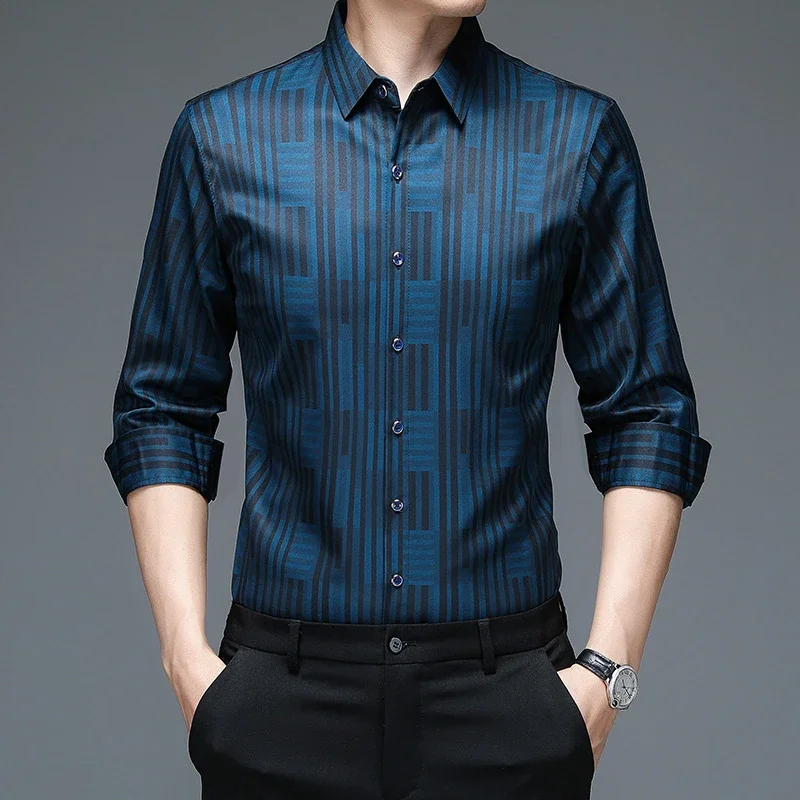 New Men\'s Casual Printed Long Sleeved Lapel Shirt for Spring and Autumn Fashion Comfortable Wrinkle Free Top Without Ironing