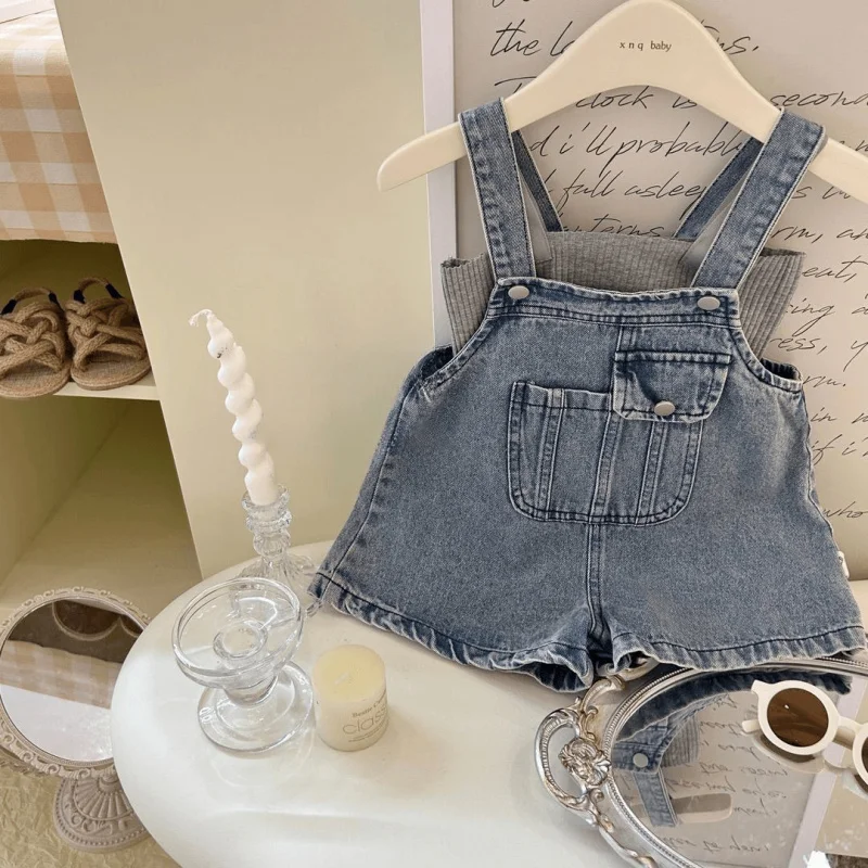 

New Summer Girls' Outfit: Stylish Denim Overalls with Large Pockets, Two-Piece Set for Baby Girls