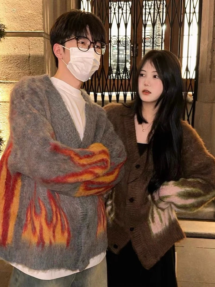 

American Retro Flame Open Cardigan Sweater Men's Women's Loose Couple Knitted Outerwear Autumn Winter Lazy Sle V-ne Long ...