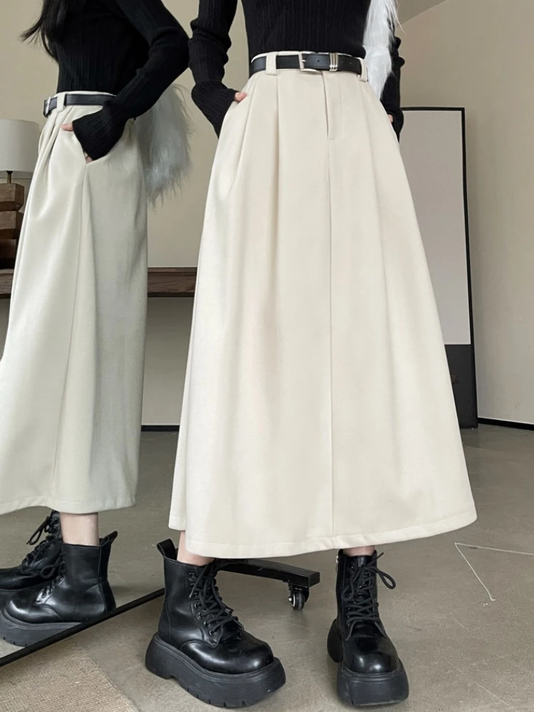 Qiukichonson Mid Long Skirts Womens Woolen Skirt 2024 Autumn Winter Korean Vintage High Waisted Maxi Pleated Skirts With Belt