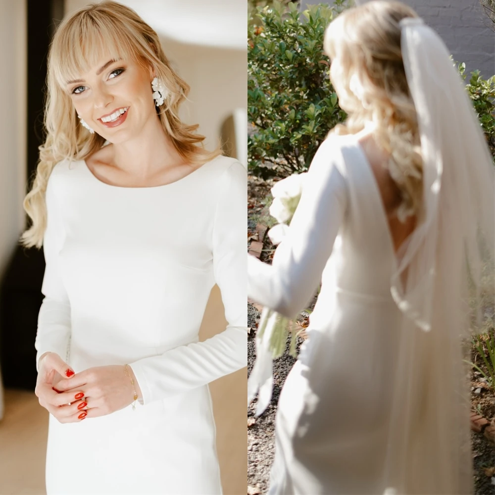 

Customized Elegant White Mermaid Wedding Dress High Quality Crew Neck Jersey Bridal Gowns Formal Long Sleeves Robe de mariée
