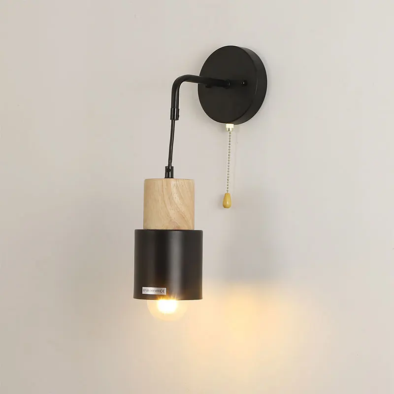 

American Countryside Minimalist Bedside Bedroom Wooden Wall Lamp Hallway Living Room Decoration With Zipper Switch Wall Light