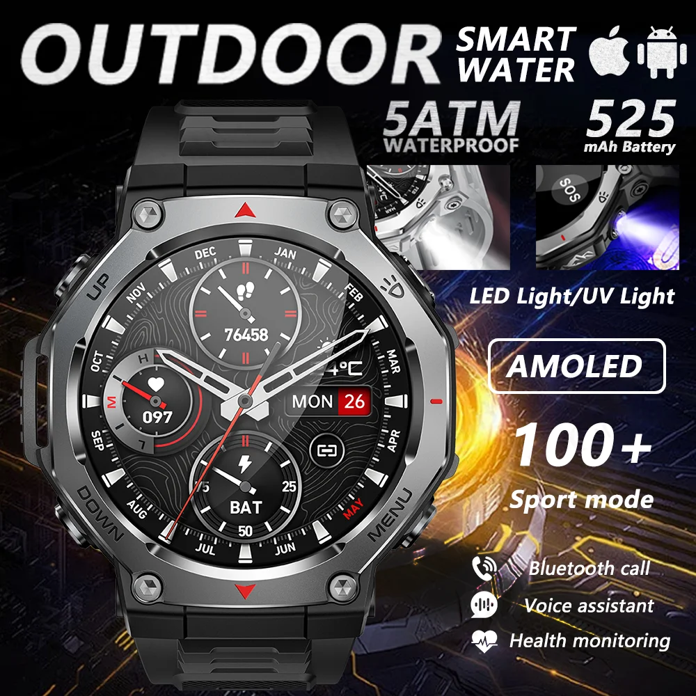 

Мужские умные часы AMOLED, 1,43 дюйма, 525 мАч, большая батарея, фонарик, УФ-свет, мониторинг здоровья, спортивные Bluetooth-вызовы, 5 атм, умные часы