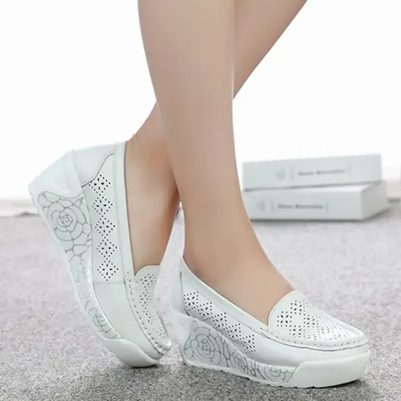 Phụ Nữ Mới Của Da Thật Chính Hãng Da Giày Đế Nêm Trắng Nữ Giày Đầm Mẹ Size 35-40