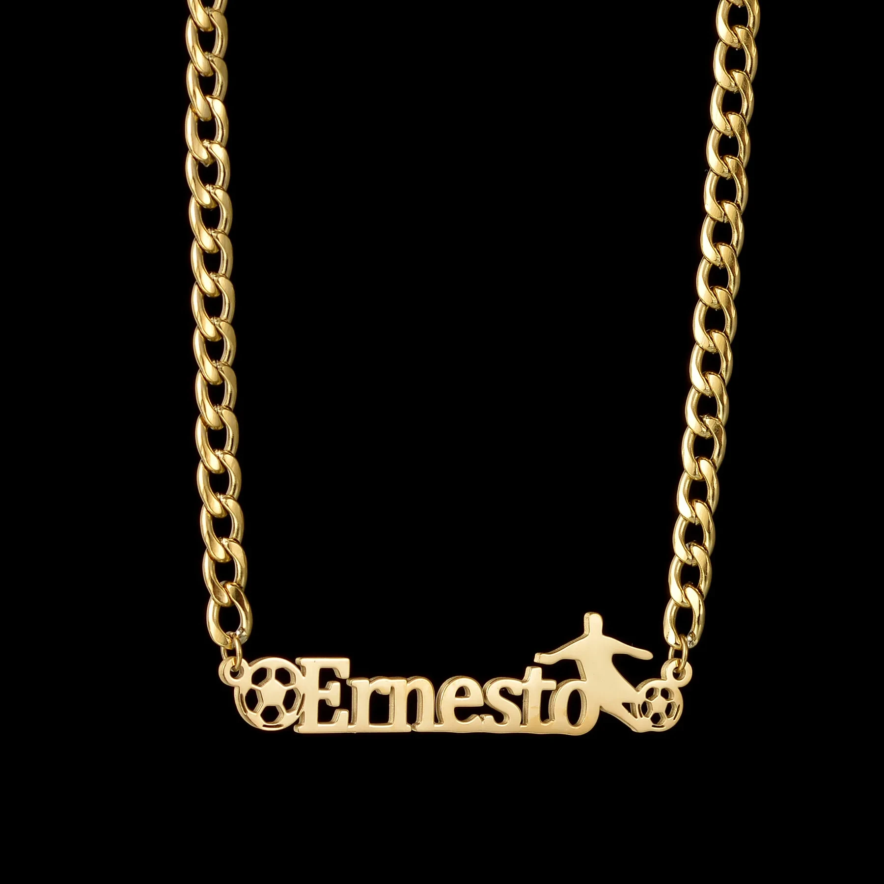 Personalisierte Namenskette aus Edelstahl mit Fußball-Motiv, Dicke Kette, Anhänger-Schmuck, Geschenk für Frauen und Männer zum Geburtstag – Detail 7