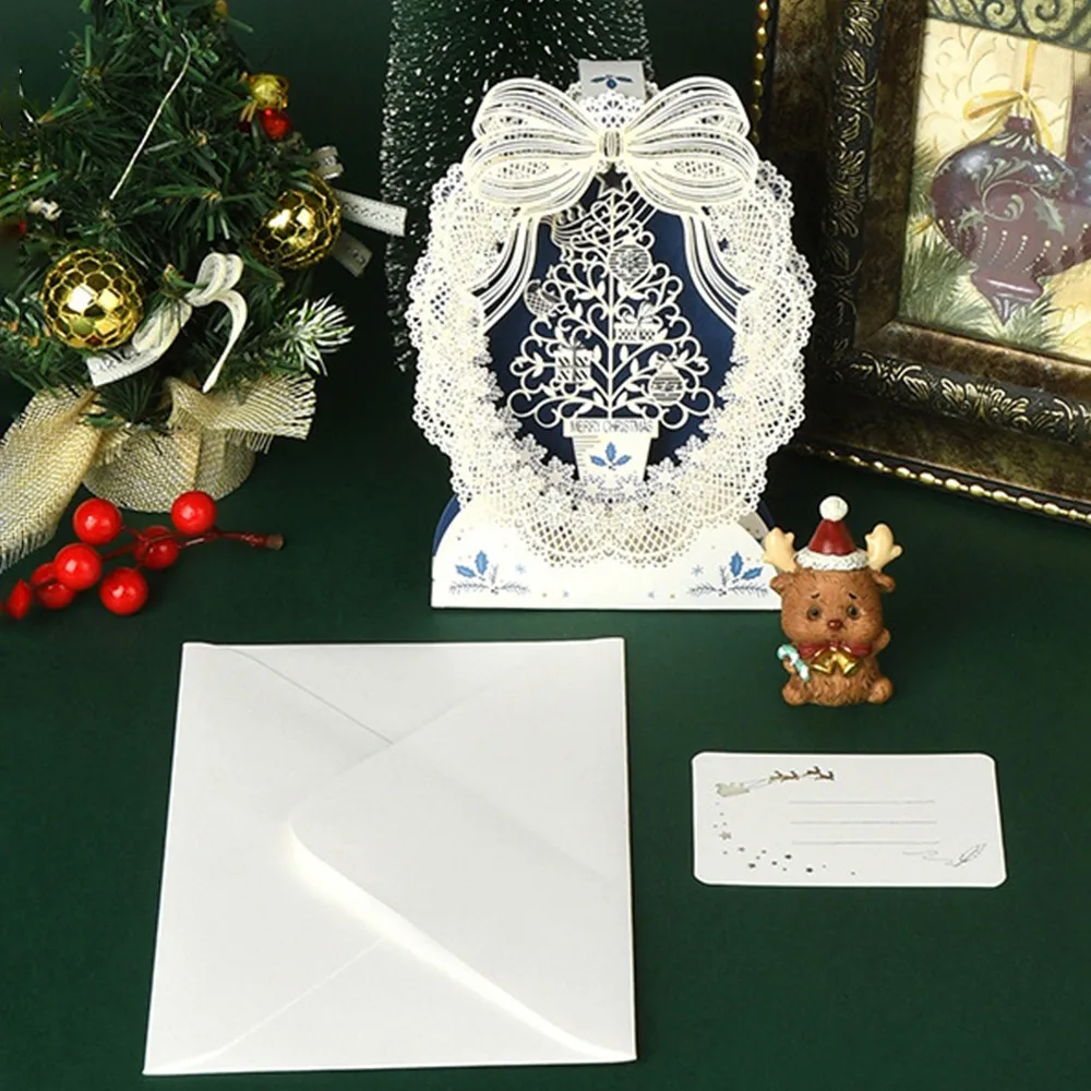 Hollow Christmas 3D Greeting Card Laser Engraved with Envelope and Postcard Invitation Card Paper Gilded Thank You Letter