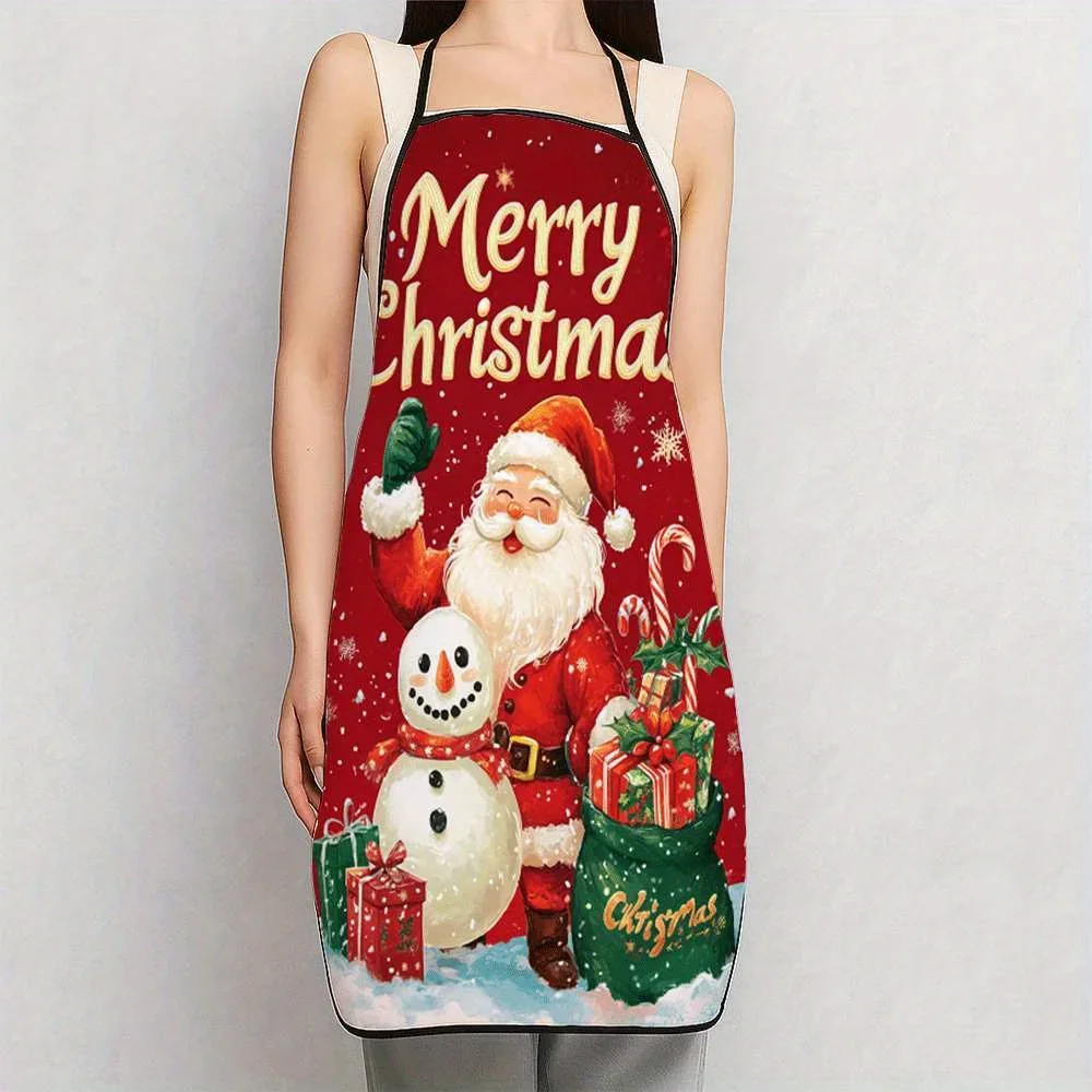 Christmas Santa Claus Snowman Print Polyester Fashion Apron Home Kitchen Apron, for Home Cleaning, Kitchen Cooking Sleeveless