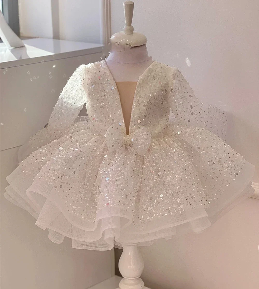 Abito da sposa per bambina di lusso con fiocco abiti da festa verdi con paillettes maniche in Tulle a strati abiti da ragazza di fiori gonfi per matrimoni