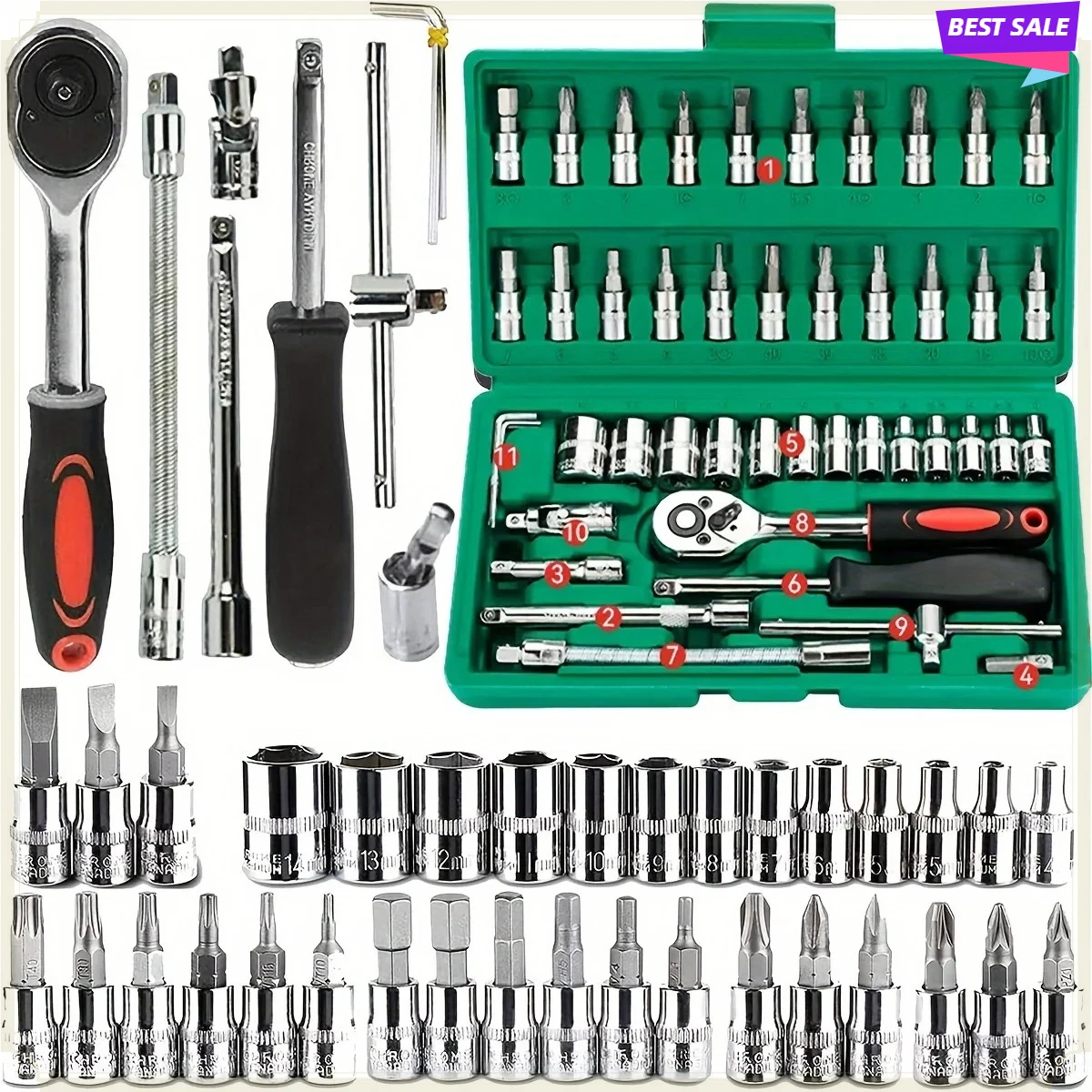 1/4 Inch Ratchet Wrench 46Pcs Metric Hex Bit Socket Set, Household Auto Repair Tool Kit for Mechanical Maintenance