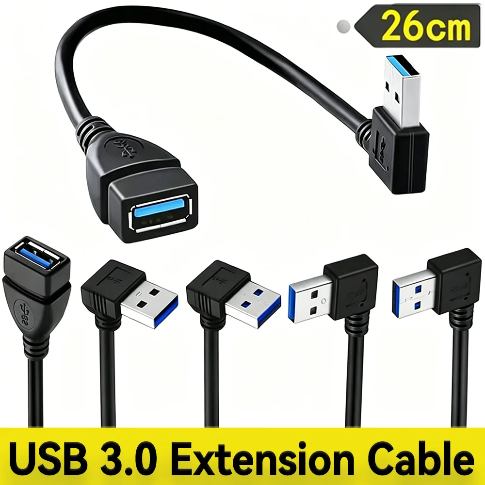 26cm USB 3.0 Male To Female Extension Cable Right/Left/Up/Down 90 Degree Elbow Extension Data Cord for Laptop USB Adapter Cables