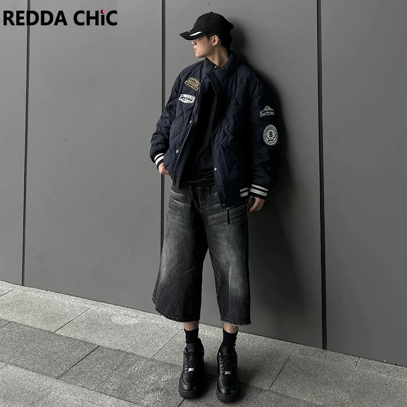 REDDACHIC Retro Black Whiskers Jeans Jorts Men Distressed Low Rise Loose Casual Wide Denim Short Pants Hip Hop Korean Streetwear