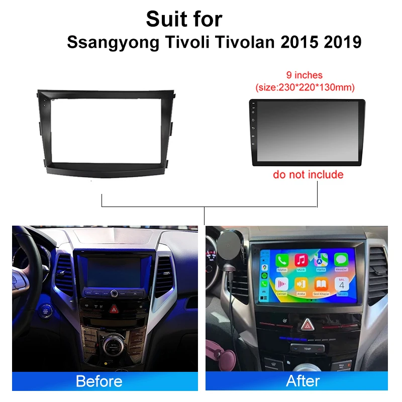 Car Android Audio Radio 9 Inch Big Screen 2 Din Fascia DVD Player Frame For Ssangyong Tivoli Tivolan 2015 2019