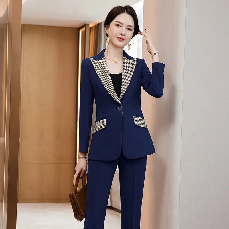 White Blue Black Plaid Women Pant Suit Blazer Ladies Formal Jacket And Trouser Female Autumn Winter Business Work 2 Piece Set