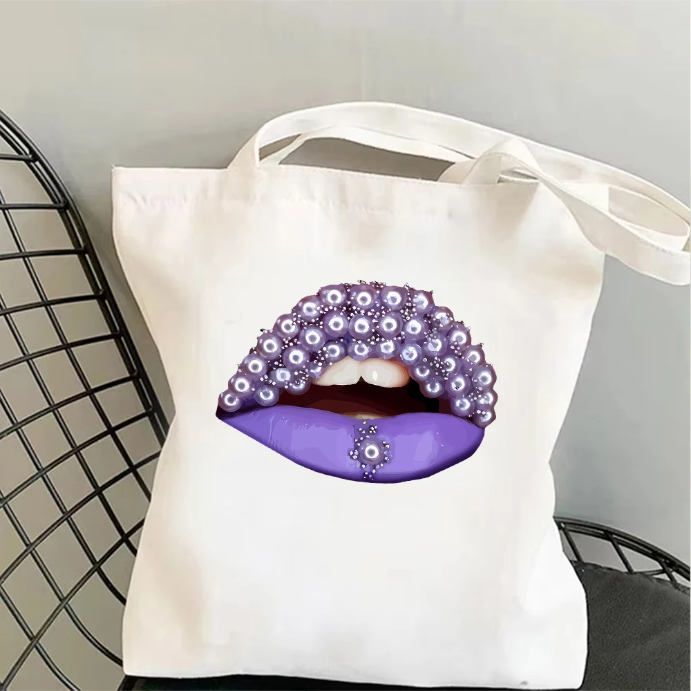 

Purple Pearl Lips Canvas Tote Bag Luxury Print Shoulder Bag