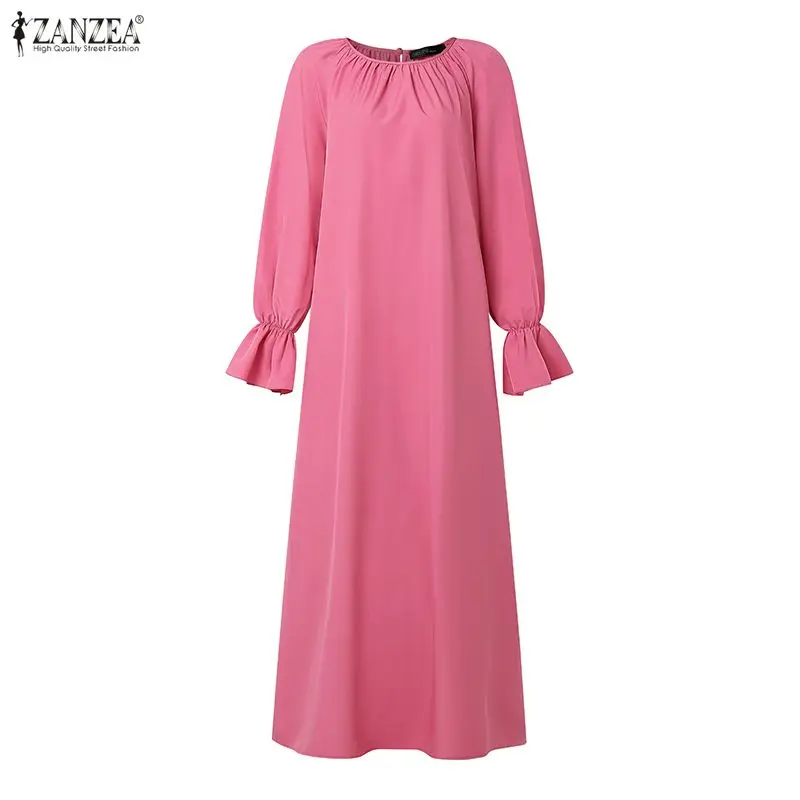 ZANZEA Plus Size 5XL Muslim Modest Maxi Dress Womens Casual Gathered O-Neck Long Sleeve Loose Abaya Robes Islamic Hijabis Kaftan