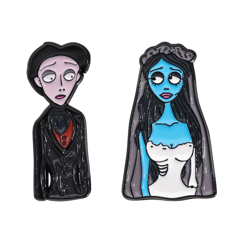 Gothic Horror Brooch Bride and Groom Horror Clothing Accessories Metal Tag Badges for Lovers Halloween Gifts