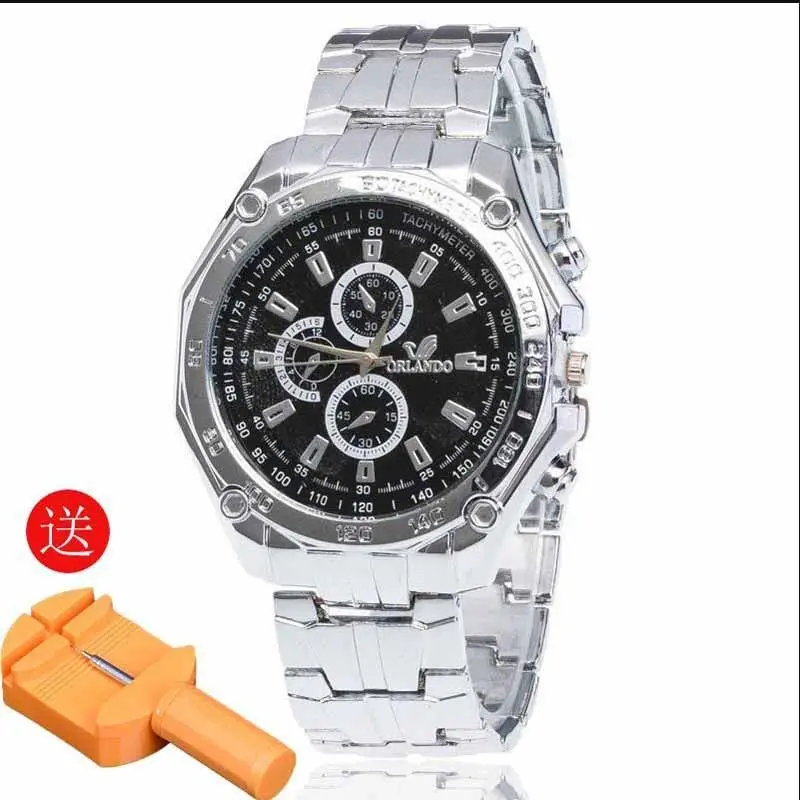 Fashion Trendy Round Watch Steel Belt Solid Student Men's Large Dial Waterproof Quartz Watch Retro Three Eye Watch Men's