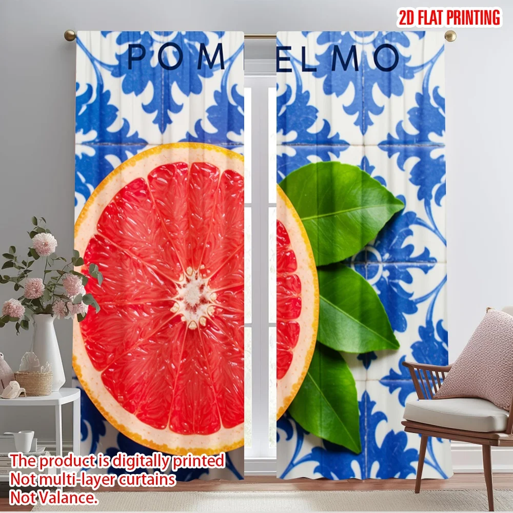 

2pcs 2D flat printing Party Curtain Grapefruit Blue White Polyester Without Electricity Festive Holiday Use for Entryway Room
