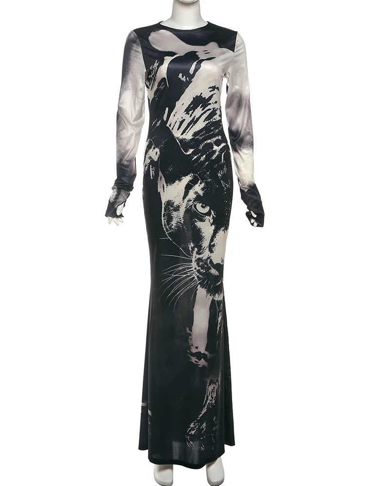 Nibber vestido de tendência de outono manga comprida feminino estampa de tigre skinny streetwear casual hipster stretch o pescoço vestidos de meia-noite