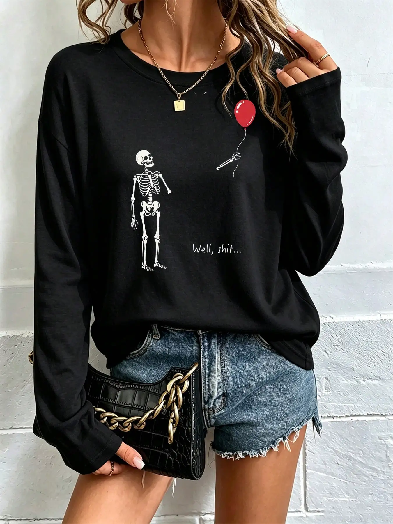 Women's Long Sleeve Tops Skeleton Red Balloon Funny Humor Halloween Graphic T Shirt Outfits Halloween Outfits Spooky Clothes y2k