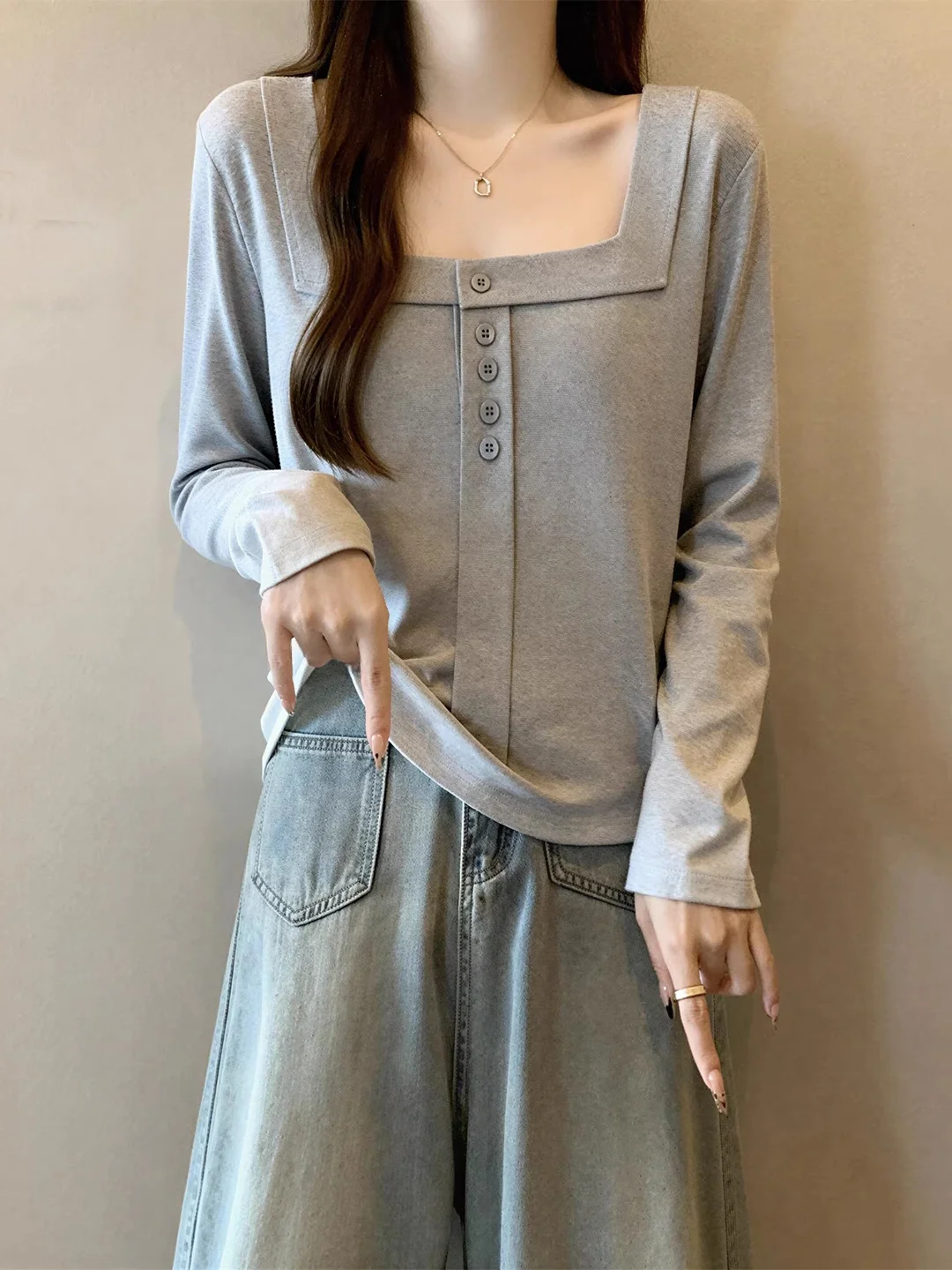 

Весенняя женская футболка с длинным рукавом и квадратным вырезом, базовая модель, приталенный крой, дышащий повседневный хлопковый топ для больших размеров