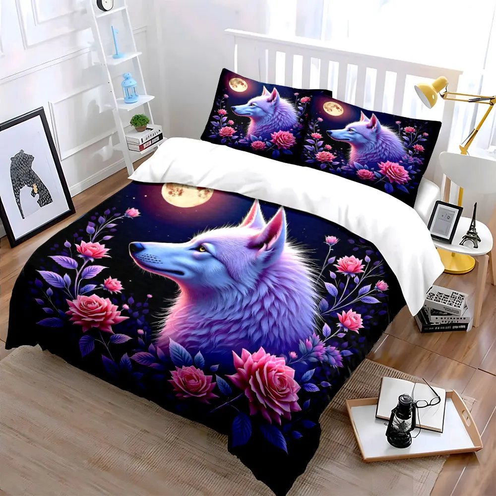 Purple Wolf and Roses Under Moon Printed Duvet Cover Set 1 Duvet Cover+2 Pillowcase Multi Size Bedroom Bedding Decor