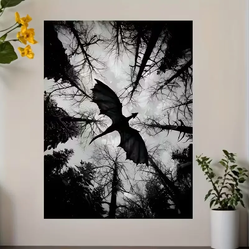 1pc Frameless Painting Dark Fantasy Dragon Flying Art Canvas Painting, Monochrome Forest Scene Poster, Unique Creative Wall Art