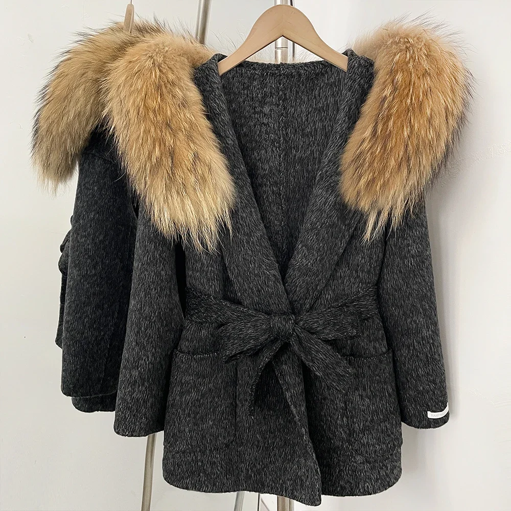 Women's Wool Blends Coat Short Belted Wool Coat with Fluffy Fur Collar Wrap Coat Thick Warm Winter Feminine for Casual Wear